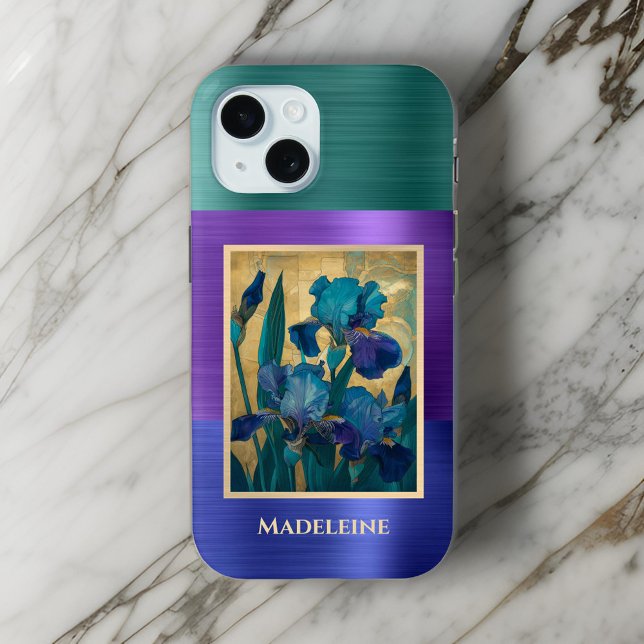Art Nouveau Blue Purple Iris with Monogram Name Case-Mate iPhone Case (Creator Uploaded)