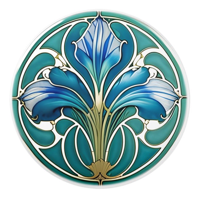 Art Nouveau Blue Stylised Lily 2 Ceramic Knob (Front)