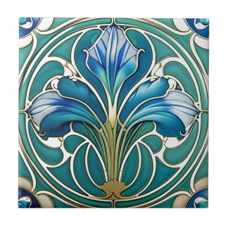 Art Nouveau Blue Stylised Lily 2 Tile