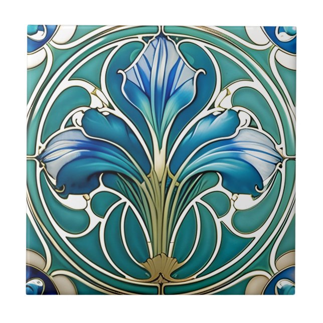 Art Nouveau Blue Stylised Lily 2 Tile (Front)