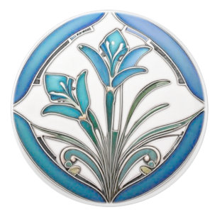 Art Nouveau Blue Stylised Lily Ceramic Knob
