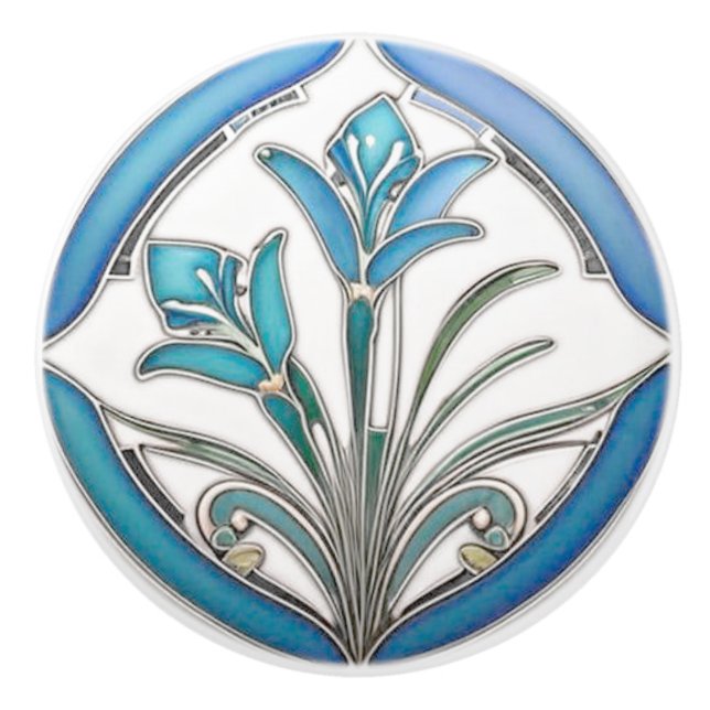 Art Nouveau Blue Stylised Lily Ceramic Knob (Front)