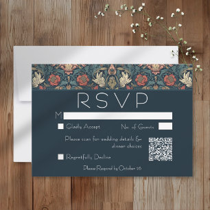 Art Nouveau Blue William Morris Floral Wedding RSVP Card