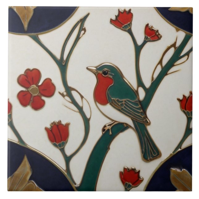 Art Nouveau Bluebird Red & Blue Bird Art Deco Tile (Front)
