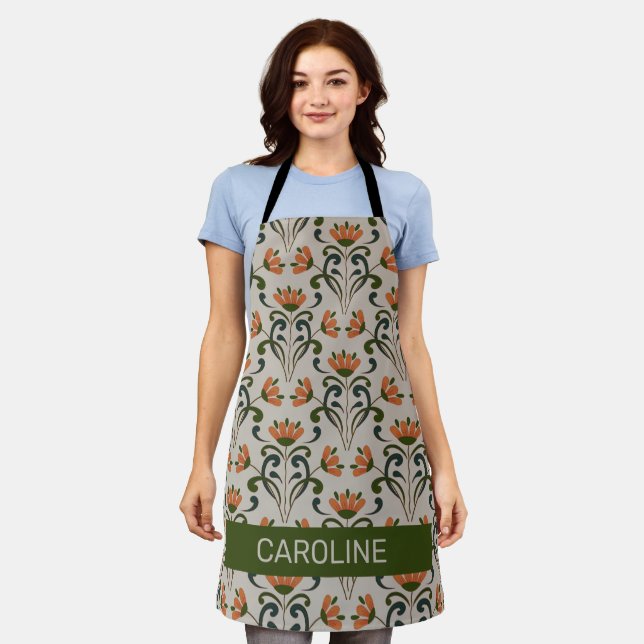 Art nouveau boho floral pattern with name on beige apron (Worn)