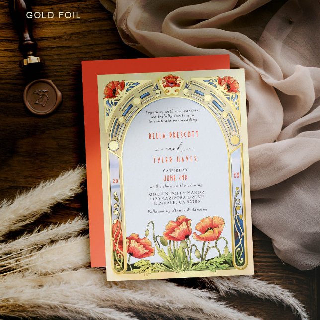 Art Nouveau Bold Bright Poppies Wildflower Wedding (art nouveau wedding invitation wildflowers poppies red orange gold garden vintage elegant)