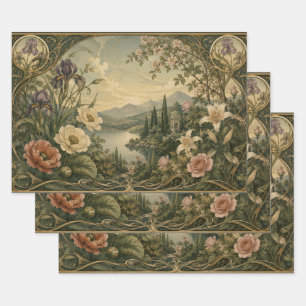 ART NOUVEAU BOTANICAL VINTAGE LAKE GARDEN VISTA WRAPPING PAPER SHEET