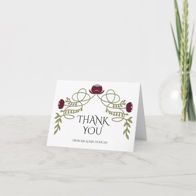 Art Nouveau Burgundy Pink Flower Wedding Photo Thank You Card (Front)