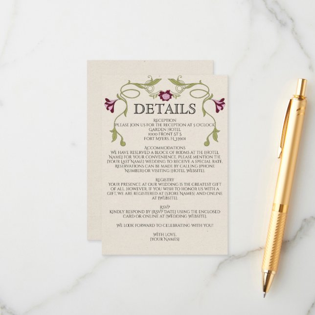 Art Nouveau Burgundy Pink Flowers Green Wedding Enclosure Card (Front/Back In Situ)