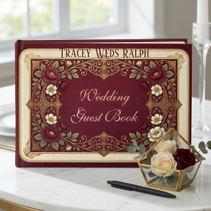 Art Nouveau Burgundy Roses Golden Luxury Wedding Guest Book