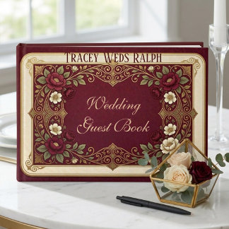 Art Nouveau Burgundy Roses Golden Luxury Wedding Guest Book
