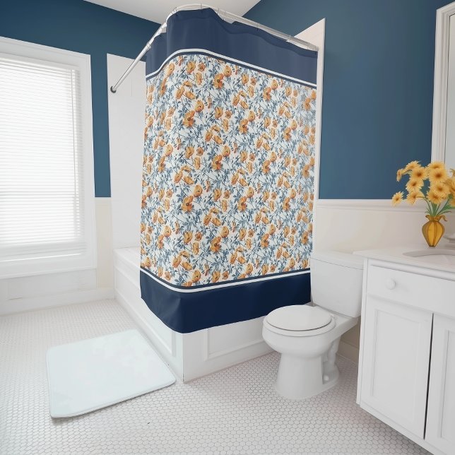 Art Nouveau California Poppies Navy Banded Shower Curtain (Creator Uploaded)