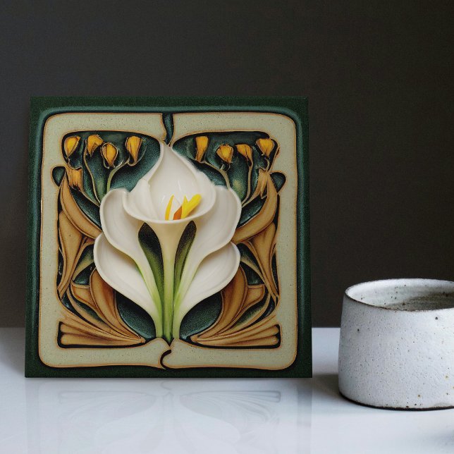 Art Nouveau Calla Lily Symmetrical Floral Wall Art Tile (Seek more? Explore our collection for more matching tiles to uplift your space.)