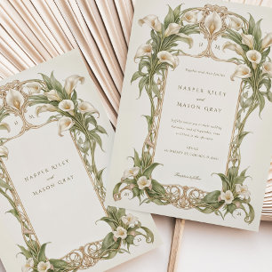 Art Nouveau Calla Lily Wedding in Ivory and Green Invitation