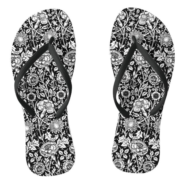 Art Nouveau Carnation Damask, Black and White Flip Flops (Footbed)
