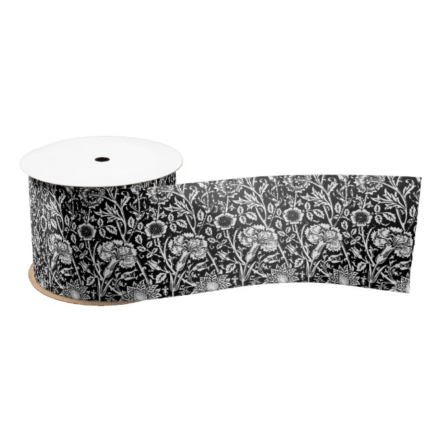 Art Nouveau Carnation Damask, Black and White Satin Ribbon (Spool)