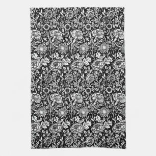 Art Nouveau Carnation Damask, Black and White Tea Towel