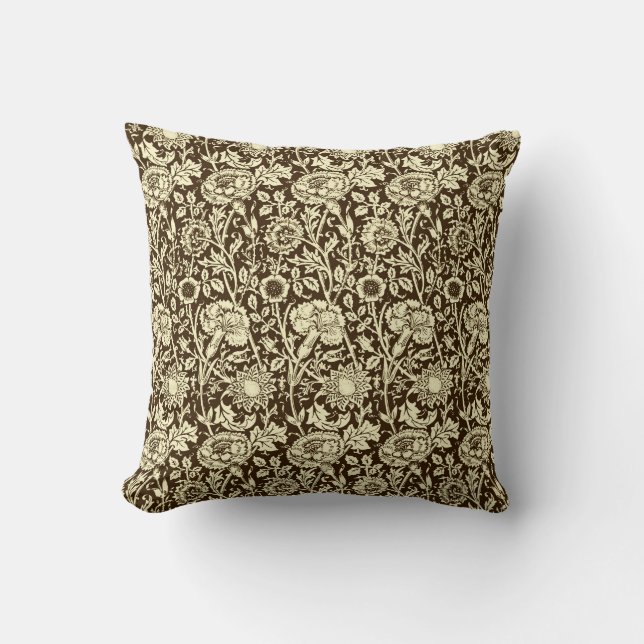 Art Nouveau Carnation Damask, Brown and Cream Cushion (Front)