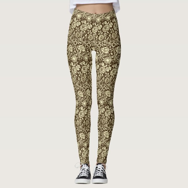 Art Nouveau Carnation Damask, Brown and Cream Leggings (Front)