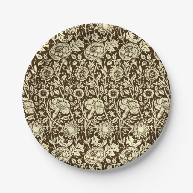 Art Nouveau Carnation Damask, Brown and Cream Paper Plate (Front)
