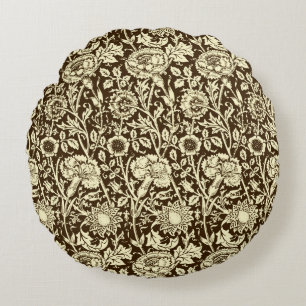 Art Nouveau Carnation Damask, Brown and Cream Round Cushion
