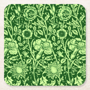 Art Nouveau Carnation Damask, Forest Green Square Paper Coaster