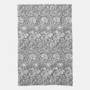 Art Nouveau Carnation Damask, Gray / Grey Tea Towel