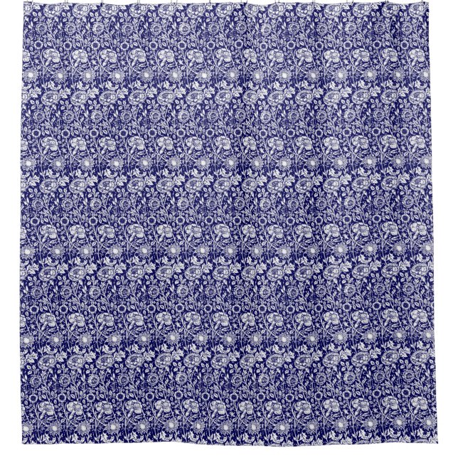Art Nouveau Carnation Damask, Indigo Blue & White Shower Curtain (Front)