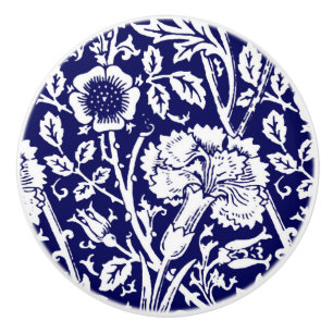 Art Nouveau Carnation Damask, Navy and White Ceramic Knob
