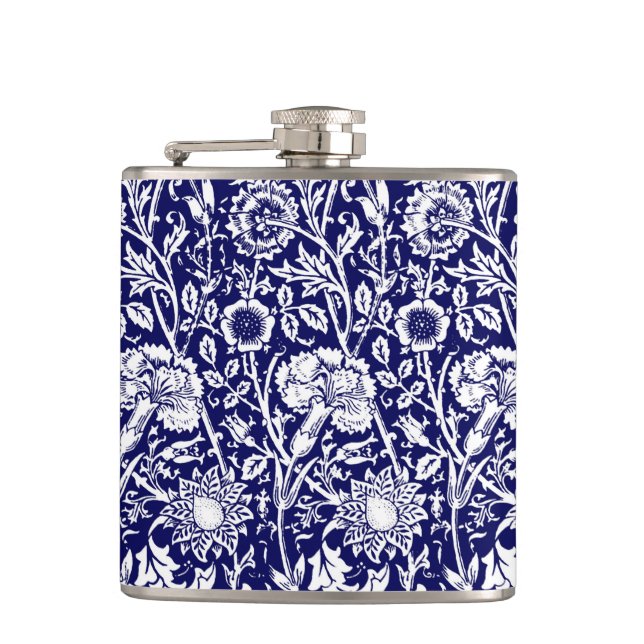 Art Nouveau Carnation Damask, Navy and White Hip Flask (Front)