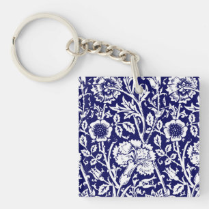 Art Nouveau Carnation Damask, Navy and White Key Ring