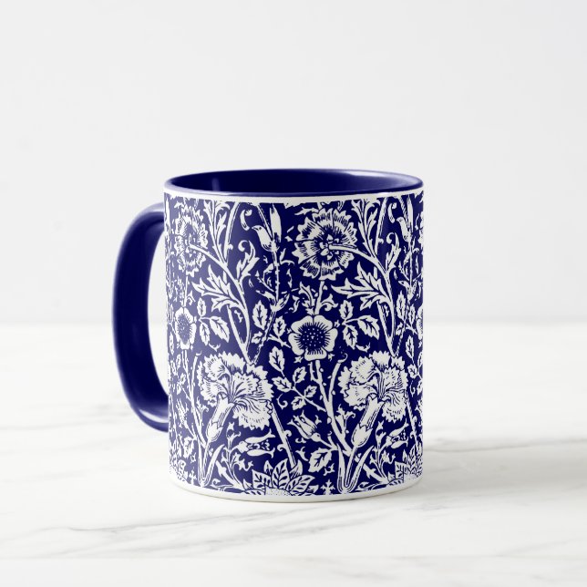 Art Nouveau Carnation Damask, Navy and White Mug (Front Left)