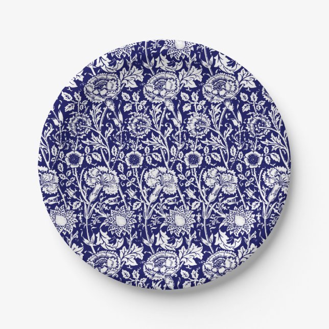 Art Nouveau Carnation Damask, Navy and White Paper Plate (Front)