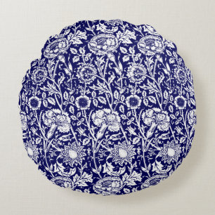 Art Nouveau Carnation Damask, Navy and White Round Cushion