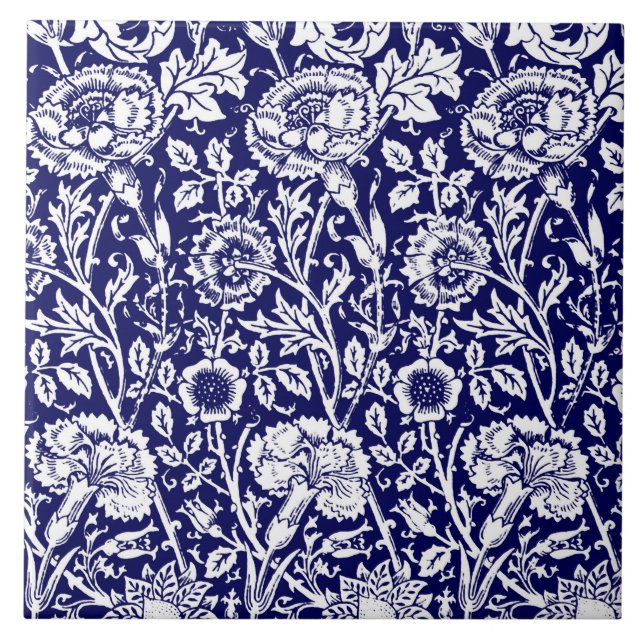 Art Nouveau Carnation Damask, Navy and White Tile (Front)