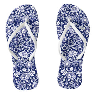 Art Nouveau Carnation Damask, Navy Blue and White Flip Flops