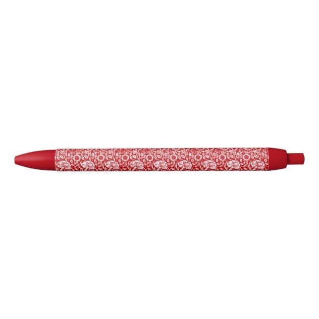 Art Nouveau Carnation Damask, Red and White Black Ink Pen (Front)