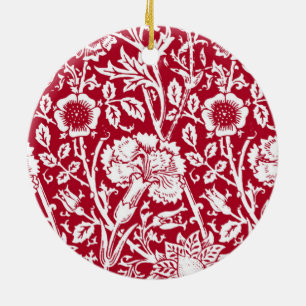 Art Nouveau Carnation Damask, Red and White Ceramic Tree Decoration