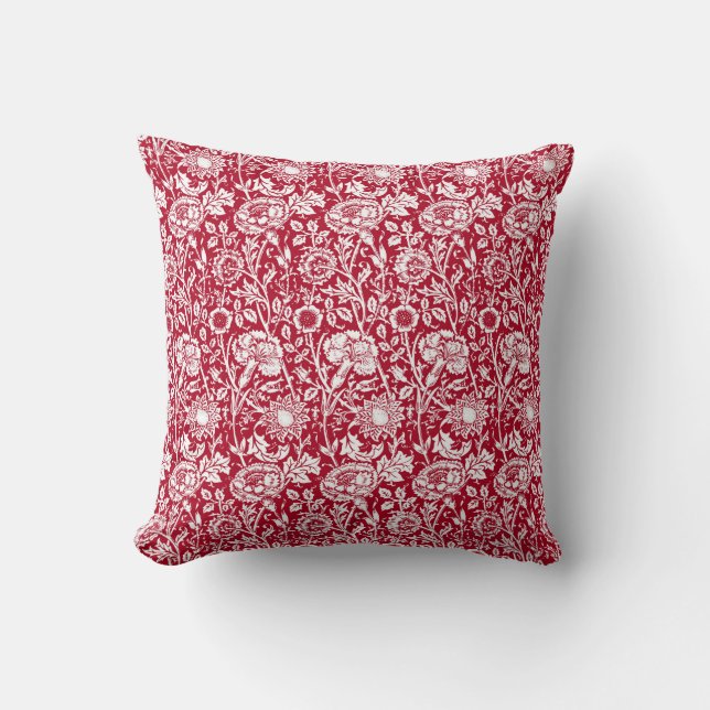 Art Nouveau Carnation Damask, Red and White Cushion (Front)