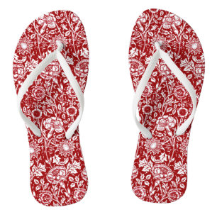 Art Nouveau Carnation Damask, Red and White Flip Flops