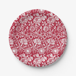 Art Nouveau Carnation Damask, Red and White Paper Plate