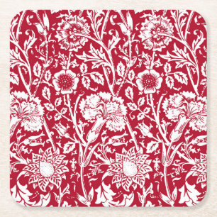 Art Nouveau Carnation Damask, Red and White Square Paper Coaster