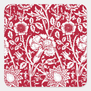Art Nouveau Carnation Damask, Red and White Square Sticker