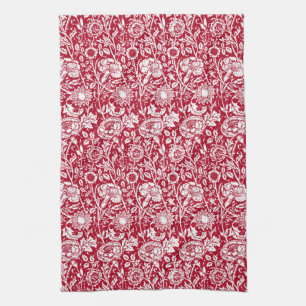 Art Nouveau Carnation Damask, Red and White Tea Towel