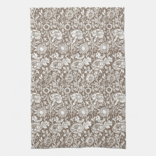 Art Nouveau Carnation Damask, Taupe and White Tea Towel