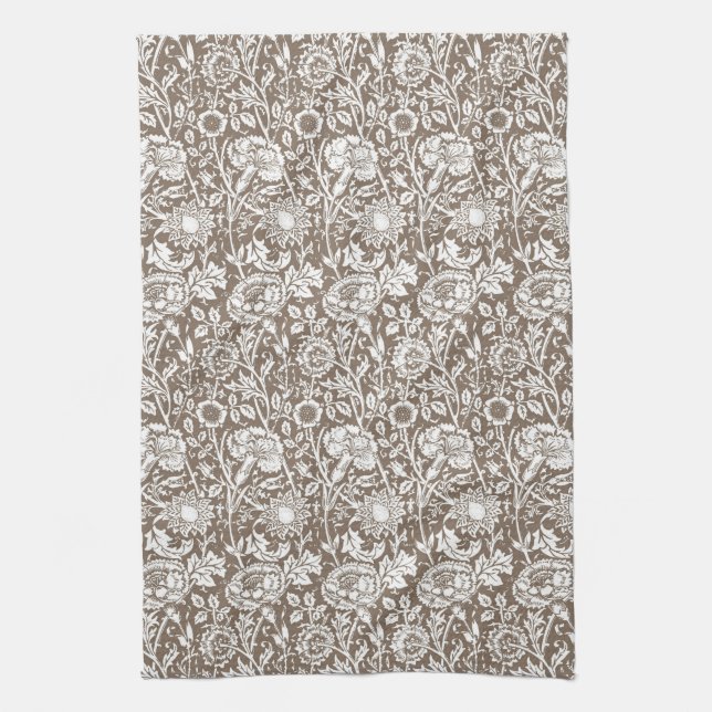 Art Nouveau Carnation Damask, Taupe and White Tea Towel (Vertical)