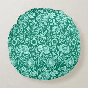 Art Nouveau Carnation Damask, Turquoise and Aqua Round Cushion