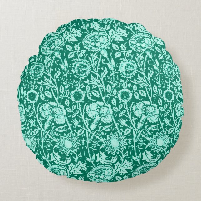 Art Nouveau Carnation Damask, Turquoise and Aqua Round Cushion (Front)