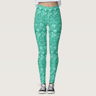 Art Nouveau Carnation Damask, Turquoise Leggings
