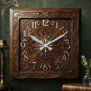 Art Nouveau Carved Wood and Sunburst Square Wall Clock